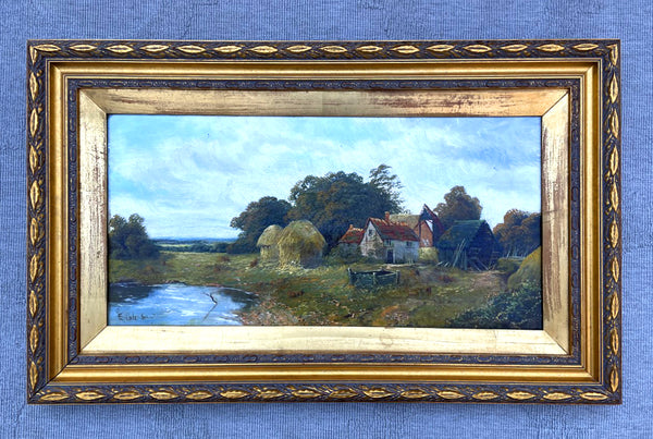 Fine Large C19th Victorian English School Oil on Canvas - Riverside Cottage - E Cole