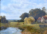 Fine Large C19th Victorian English School Oil on Canvas - Riverside Cottage - E Cole