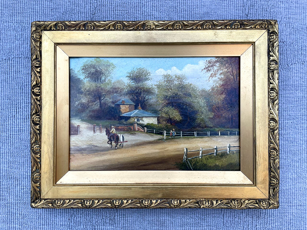 Delightful C19th Victorian English School Oil on Canvas - Figures on a Rural Lane