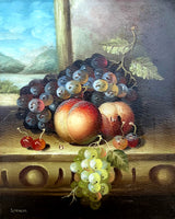 Exquisite Vintage Still Life Oil on Canvas Board - Mixed Fruit on a Ledge