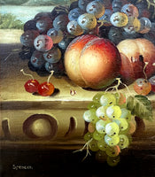 Exquisite Vintage Still Life Oil on Canvas Board - Mixed Fruit on a Ledge