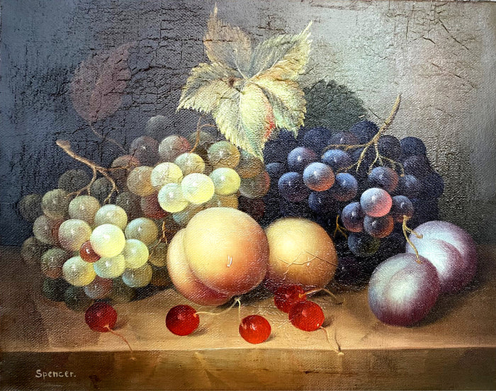 Beautiful Mid C20th Vintage Still Life Oil on Canvas Board - Mixed Fruit on a Ledge SOLD