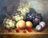 Beautiful Mid C20th Vintage Still Life Oil on Canvas Board - Mixed Fruit on a Ledge