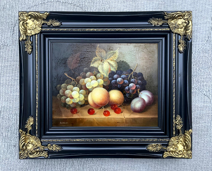 Beautiful Mid C20th Vintage Still Life Oil on Canvas Board - Mixed Fruit on a Ledge SOLD