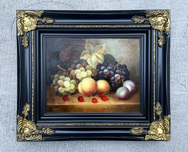 Beautiful Mid C20th Vintage Still Life Oil on Canvas Board - Mixed Fruit on a Ledge