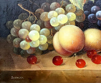 Beautiful Mid C20th Vintage Still Life Oil on Canvas Board - Mixed Fruit on a Ledge