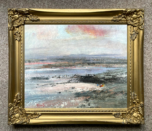 Delightful Vintage C20th French Impressionist Oil on Board - Extensive Beach Scene with Figures