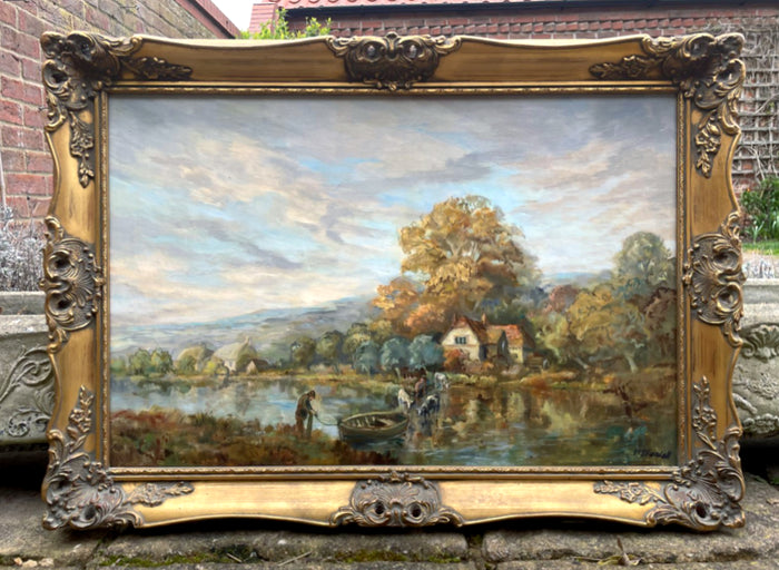 Exquisite Large Vintage Mid C20th British Impressionist Oil on Canvas by Morgan J Rendell (1896-1980) - The River Crossing SOLD