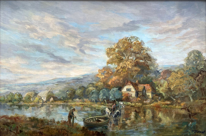 Exquisite Large Vintage Mid C20th British Impressionist Oil on Canvas by Morgan J Rendell (1896-1980) - The River Crossing SOLD