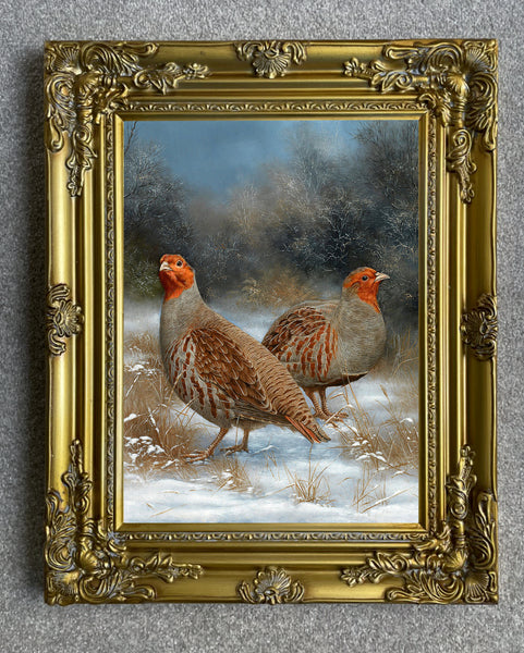 Beautiful Lithograph on Canvas of a Partridges in a Snowy Rural Landscape