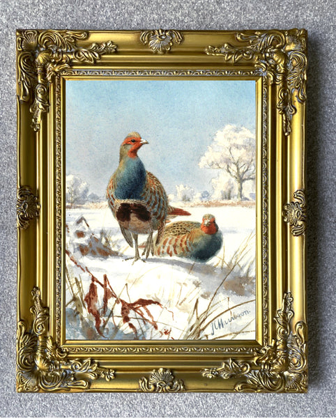 " Partridges in Winter " Fine Oleograph on Canvas