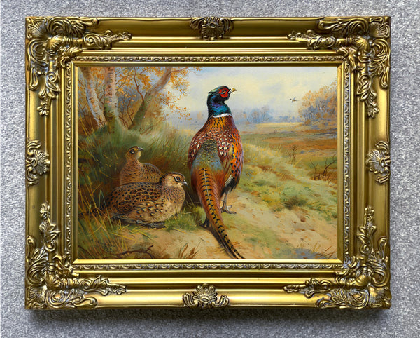 Cock  & Hen Pheasant in a Copse  - Fine Oleograph on Canvas after Thorburn