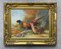 Fine Lithograph on Canvas - A Cock & Hen Pheasant by an Oak Tree