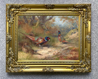 Fine Oleograph on Canvas - Pheasants & Hens in a Woodland Landscape