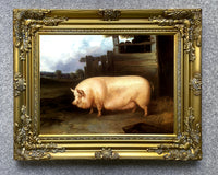 Fine Oleograph on Canvas of a Prize Pig in a Yard