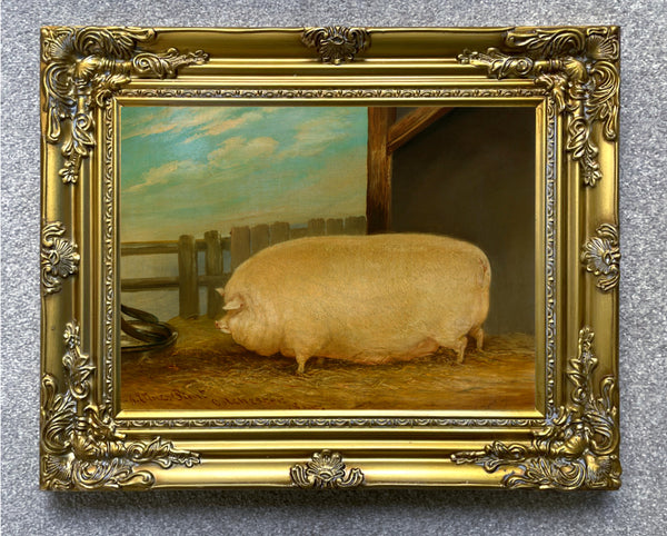 Fine Oleograph on Canvas of a Prize Pig in a Stable Yard