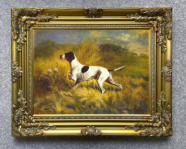 Fine Oleograph on Canvas of an English Pointer in a Landscape "On Point"