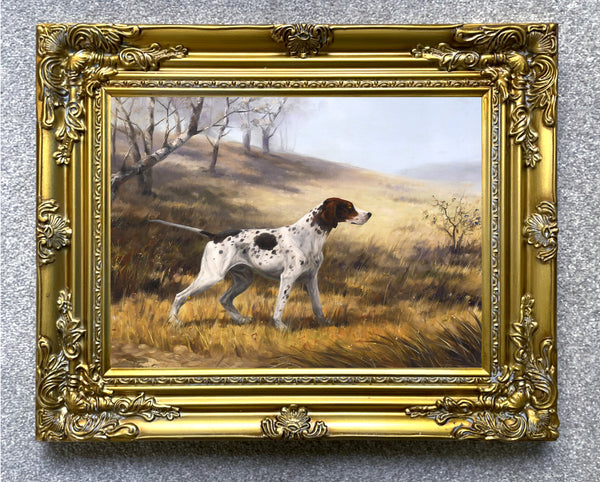 Gilt Framed Oleograph of an English Pointer in a Rural Landscape