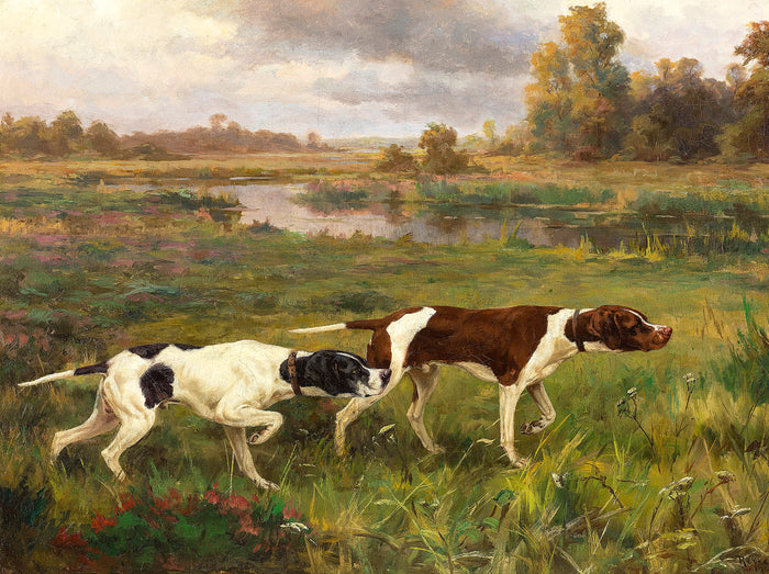 Fine Oleograph on Canvas - English Pointers on point in a Rural Landscape