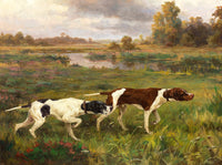 Fine Oleograph on Canvas - English Pointers on point in a Rural Landscape