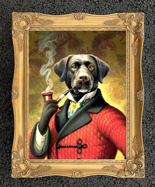 "The Smoker" Large Gilt Framed Oleograph of a Labrador