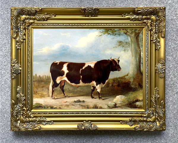 Fine Oleograph on Canvas of a Prize Bull in a Landscape