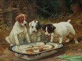 Gilt Framed Oleograph of a Puppies in a Stable "Supper Time"