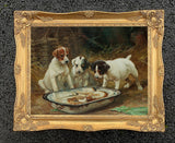 Gilt Framed Oleograph of a Puppies in a Stable "Supper Time"