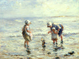 Fine Oleograph on Canvas - Mother & Children Paddling