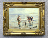 Fine Oleograph on Canvas - Mother & Children Paddling