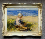 Beautiful Ornate Framed Oleograph of  a Girl in the Dunes