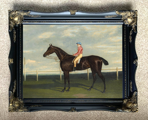 Oleograph on Canvas of a Racehorse with Jockey Up.