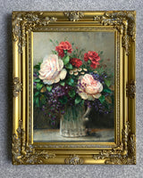 Stunning Still Life Oleograph on Canvas Still Life of White Roses in a Vase