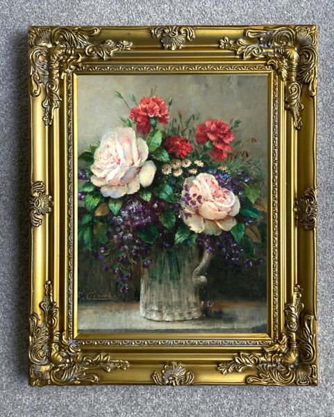 Stunning Still Life Oleograph on Canvas Still Life of White Roses in a Vase