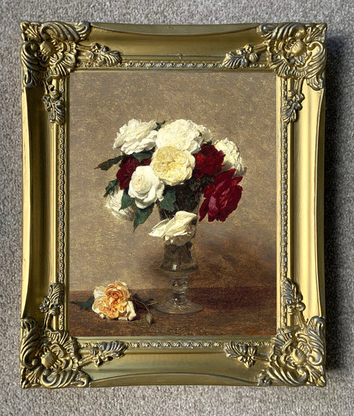 Exquisite Oleograph on Canvas - Roses in a Vase