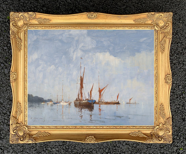 Gilt Framed Oleograph of Barges on the Orwell after Seago