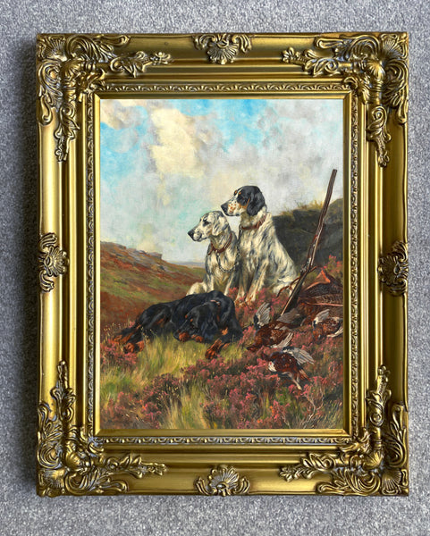 Fine Oleograph on Canvas of Setters in the Field with Game