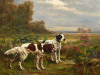 Excellent Oleograph on Canvas of Setters in Woodland Landscape