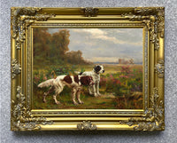 Excellent Oleograph on Canvas of Setters in Woodland Landscape