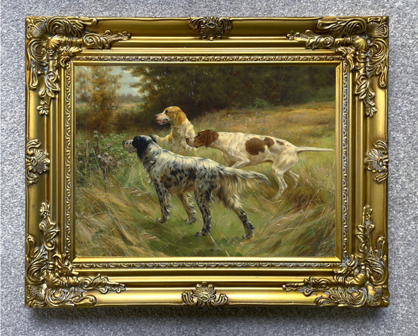 Fine Oleograph on Canvas of a Pair of Setters & a Pointer in the Field