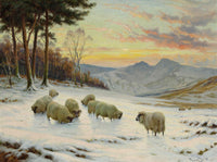 Fine Oleograph on Canvas of Sheep in Winter