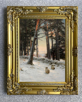 Fine Oleograph on Canvas of Sheep in a Snowy Meadow aft. J Farquharson