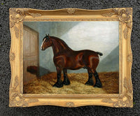 Oleograph on Canvas of a Bay Shire Horse in a Stable