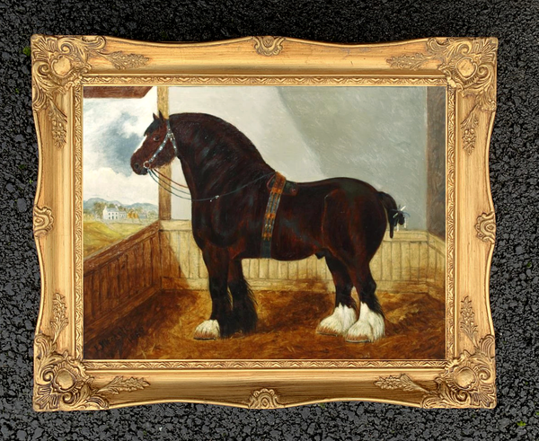 Oleograph on Canvas - A Shire Horse in a Stable aft. Albert Clark