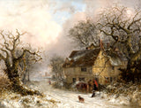 Fine Oleograph on Canvas of a Traveller by a Wintry Cottage