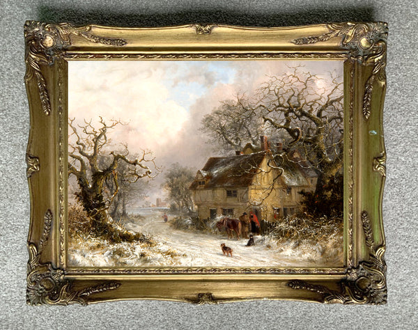 Fine Oleograph on Canvas of a Traveller by a Wintry Cottage