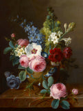 Fine Oleograph on Canvas - Still life of Roses & Bellflowers in a vase on a marble ledge