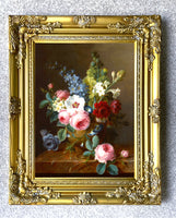 Fine Oleograph on Canvas - Still life of Roses & Bellflowers in a vase on a marble ledge