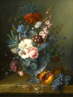 Fine Oleograph on Canvas - Flowers in a Bowl & Fruit on a Marble Ledge