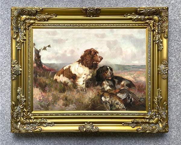 Fine Oleograph on Canvas - "Working Spaniels in a Moorland Landscape"